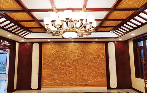 伊犁中式别墅客厅中式木作横梁吊顶装饰展示